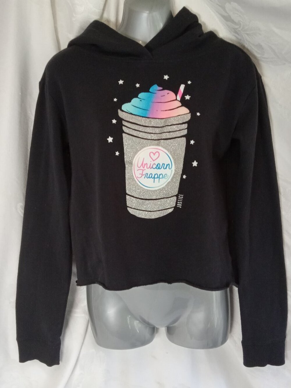 JUSTICE Active Unicorn Latte Frappe Cropped Girls Hoodie Size 14/16 Black Y2K